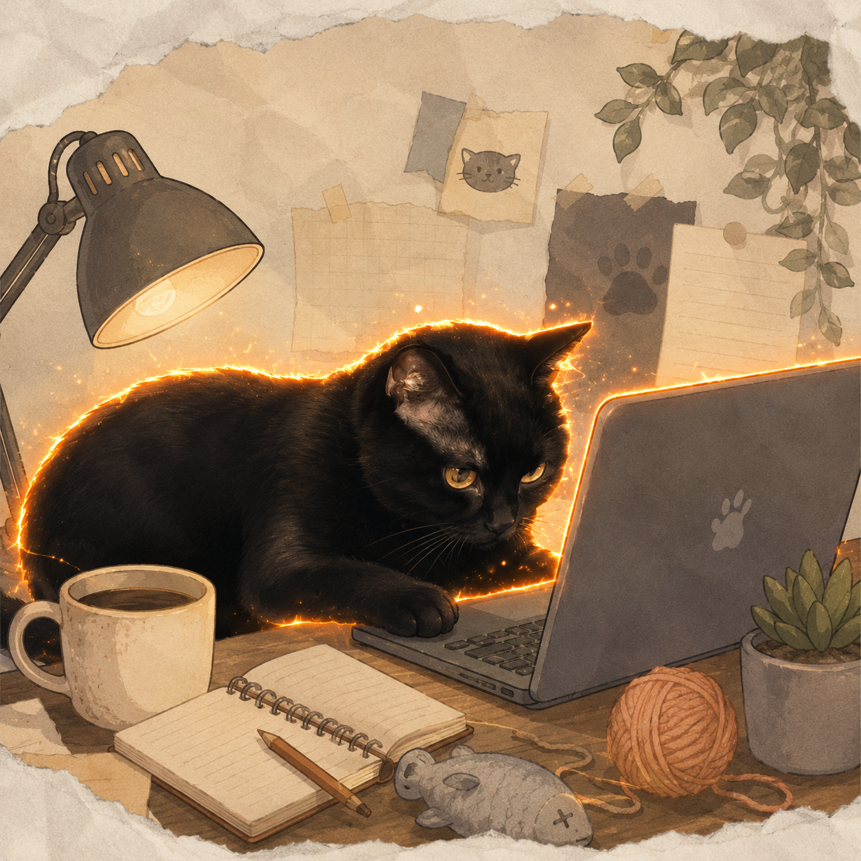 Illustrated Hard Work Cat working at a laptop