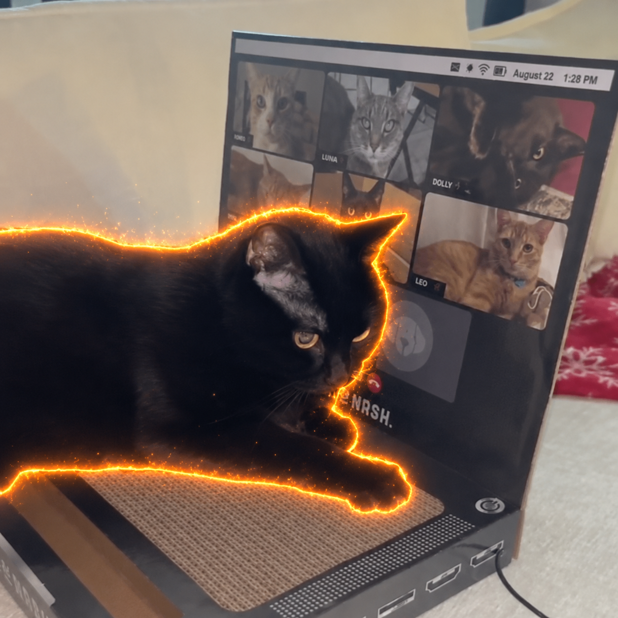 The original Hard Work Cat photo: a black cat in front of a screen