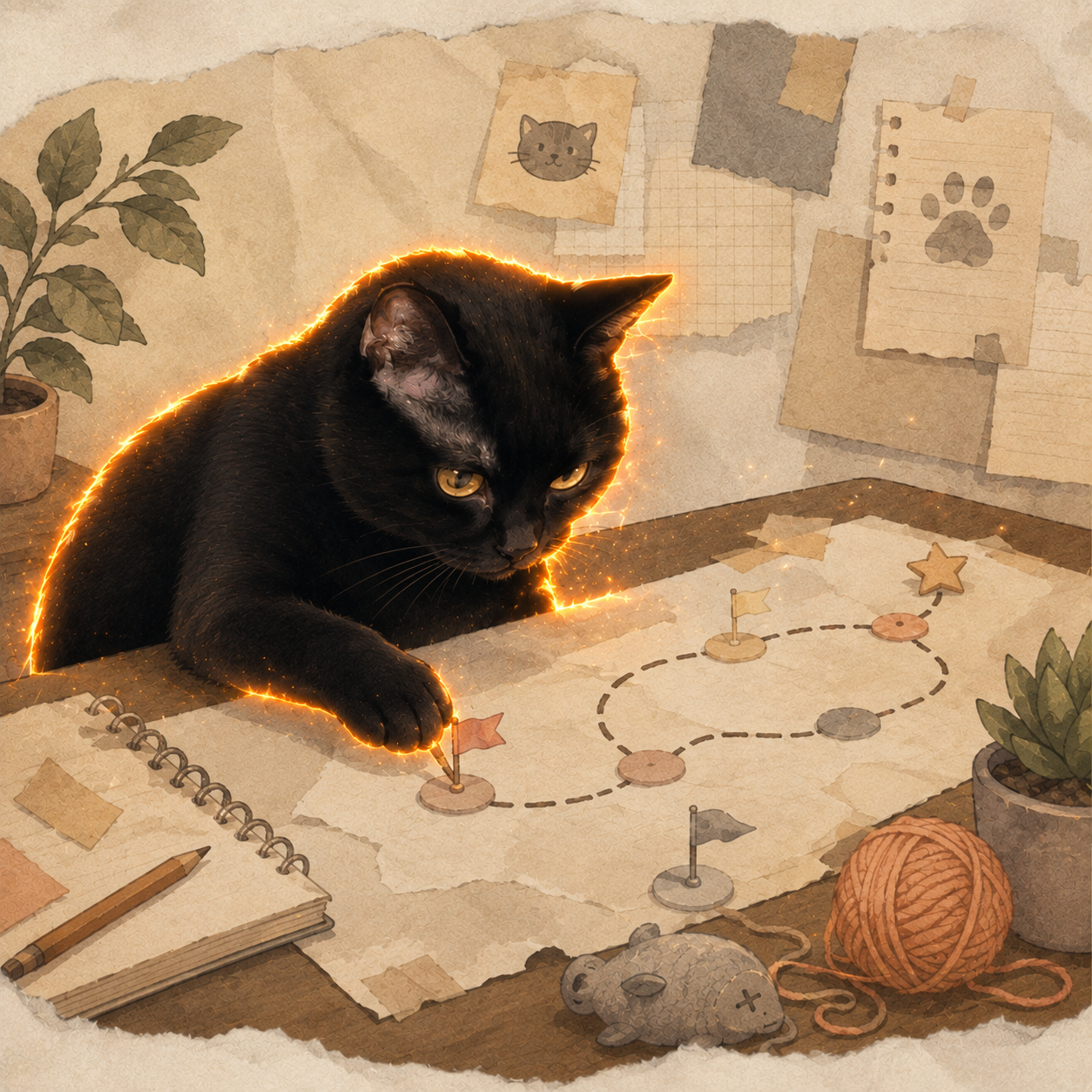 Illustrated Hard Work Cat planning a roadmap on paper