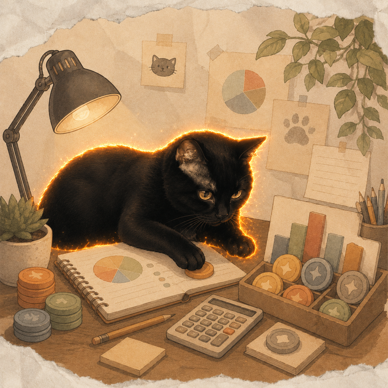 Illustrated Hard Work Cat reviewing numbers, notes, and token-like coins